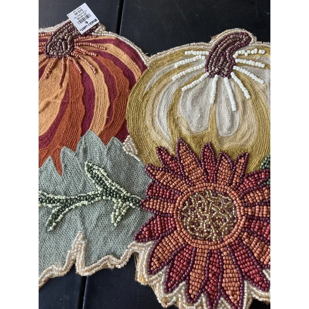 World Market Beaded Harvest Table Runner Fall Pumpkins Earthy Neutral Floral New